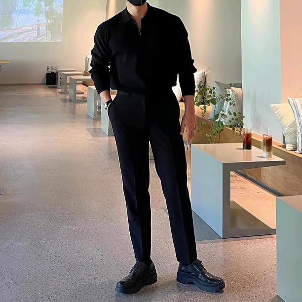 Gray Long-sleeved Knitted POLO Shirt For Men In Autumn