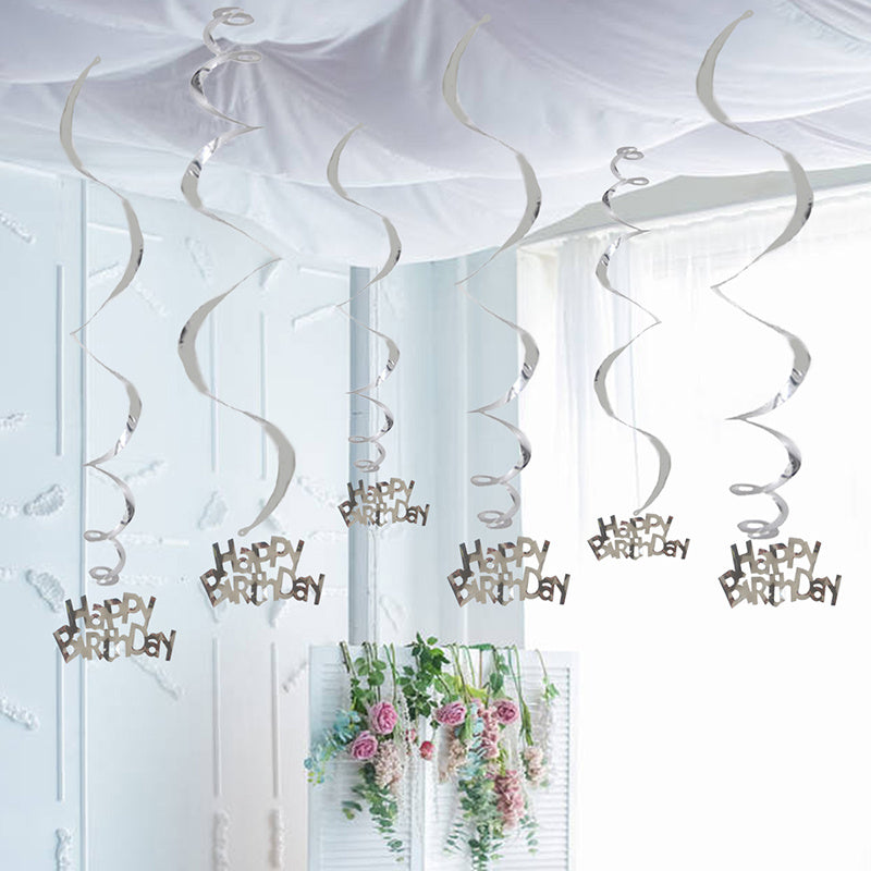 6pcs-Golden, Silvery, Rose Red, Dark Blue, Lake Blue, Rose Golden Birthday Party Spiral Decoration Pendants, Birthday Letter Spiral Decoration