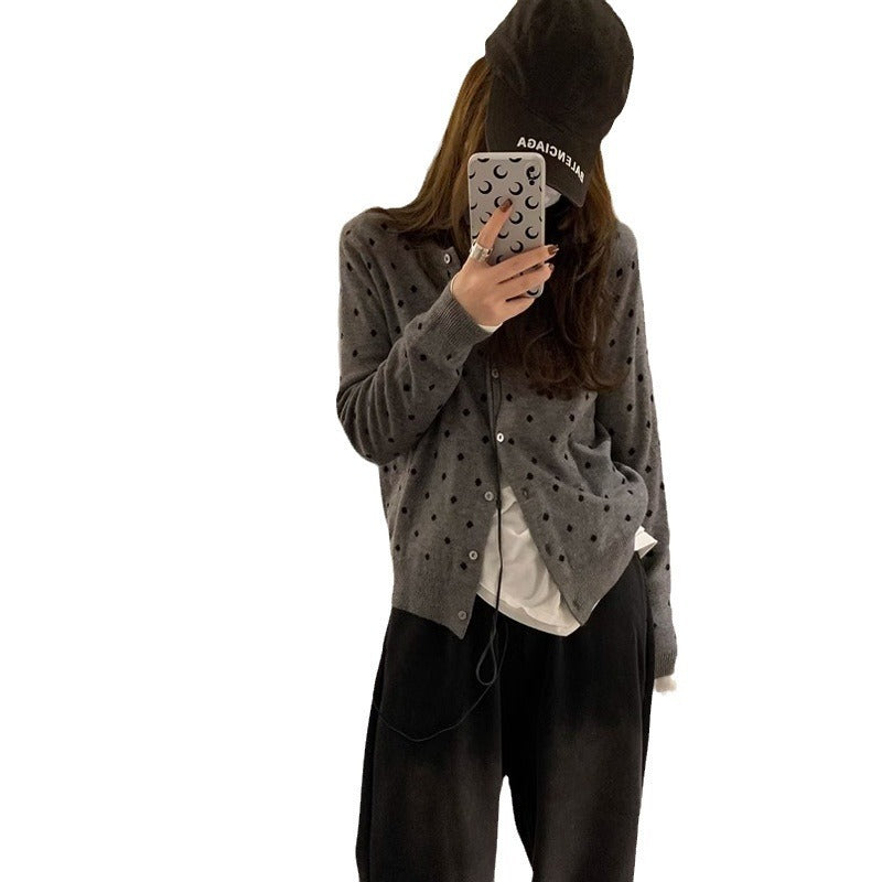Women's Korean-style Gray Dot Knitted Cardigan Autumn Long-sleeved Top