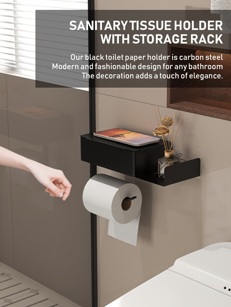 1pc Wrought Iron Bathroom Tissue Holder with Shelf - Self-Adhesive Wall Mounted Toilet Paper Roll Dispenser, Non-Drilling Installation, Multi-Functional Storage for Wet Wipes and Phone, Home Decor