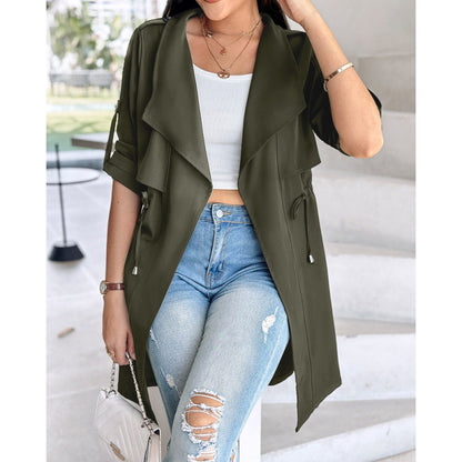 Loose Solid Color Waist Tight Rolled Sleeves Mid-length Trench Coat For Women