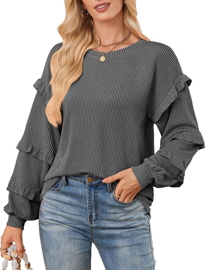 Casual Loose-fit Crew Neck T-shirt With Lantern Sleeves And Ruffled Hem