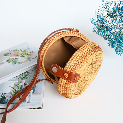 Rattan Weave Bag Retro Women's One Shoulder Small Round Bag