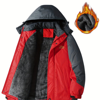 Men's Casual Color Block Thick Hooded Jacket, Waterproof Windproof Single-layer Fleece Jacket For Fall Winter Jacket Gifts Best Sellers