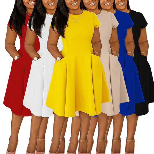 Arrival Casual A-Line Midi Dress With Round Neck And Pockets Slim Fit