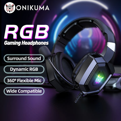 ONIKUMA K8 Wearable Gaming Headset For Computer With Microphone Wired Headset-gaming Headphones For PS4/PS5/Xbox One/PC With LED Lights, For Playstation Headset With Noise Reduction 7.1 Surround Sound Over-Ear And Wired 3.5mm