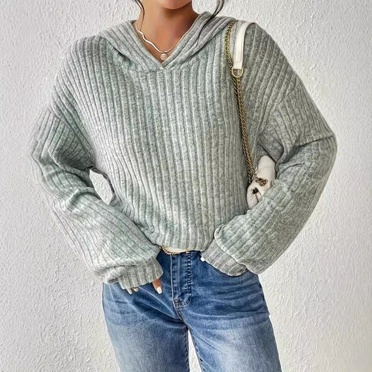 Loose-fitting Solid Color Long Sleeves Casual Sunken Stripe Hooded Sweater