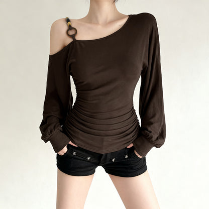 Vintage Off-shoulder Beaded-strapped Lantern-sleeve T-shirt
