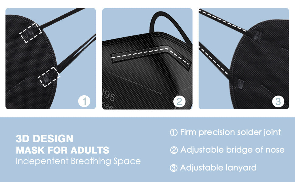 50pcs A Pack KN95 Face Masks, Breathable Comfortabl, Adults Black KN95 Masks, 5-ply Breathable Safety Masks Against PM2.5, Filter Efficiency Over 95%