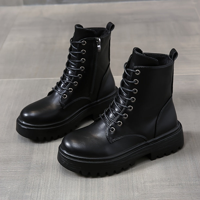 Women's Chunky Platform Round-Toe Ankle Boots with Thick TPR Sole & Faux Upper - Chunky Heel (1-2cm) Round Toe s, Black Faux & TPR Outsole for Casual, Office, Party - Round-Toe Booties