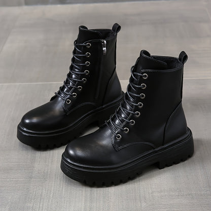 Women's Chunky Platform Round-Toe Ankle Boots with Thick TPR Sole & Faux Upper - Chunky Heel (1-2cm) Round Toe s, Black Faux & TPR Outsole for Casual, Office, Party - Round-Toe Booties