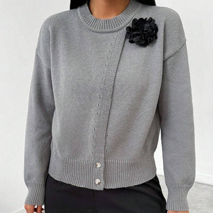Women's Premium Elegant Solid Color Buttons Black Flower Knitted Pullover