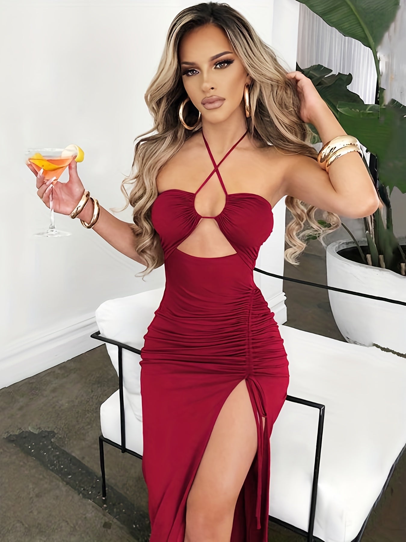 Solid Ruffled Split Off Shoulder Dress, Nightclub Sexy Bag Hip Drawstring Slim Dress, Women's Clothing