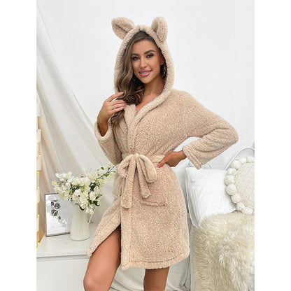 Plush Loungewear Robe Thickened Bathrobe Hooded Sleepwear With Drawstring