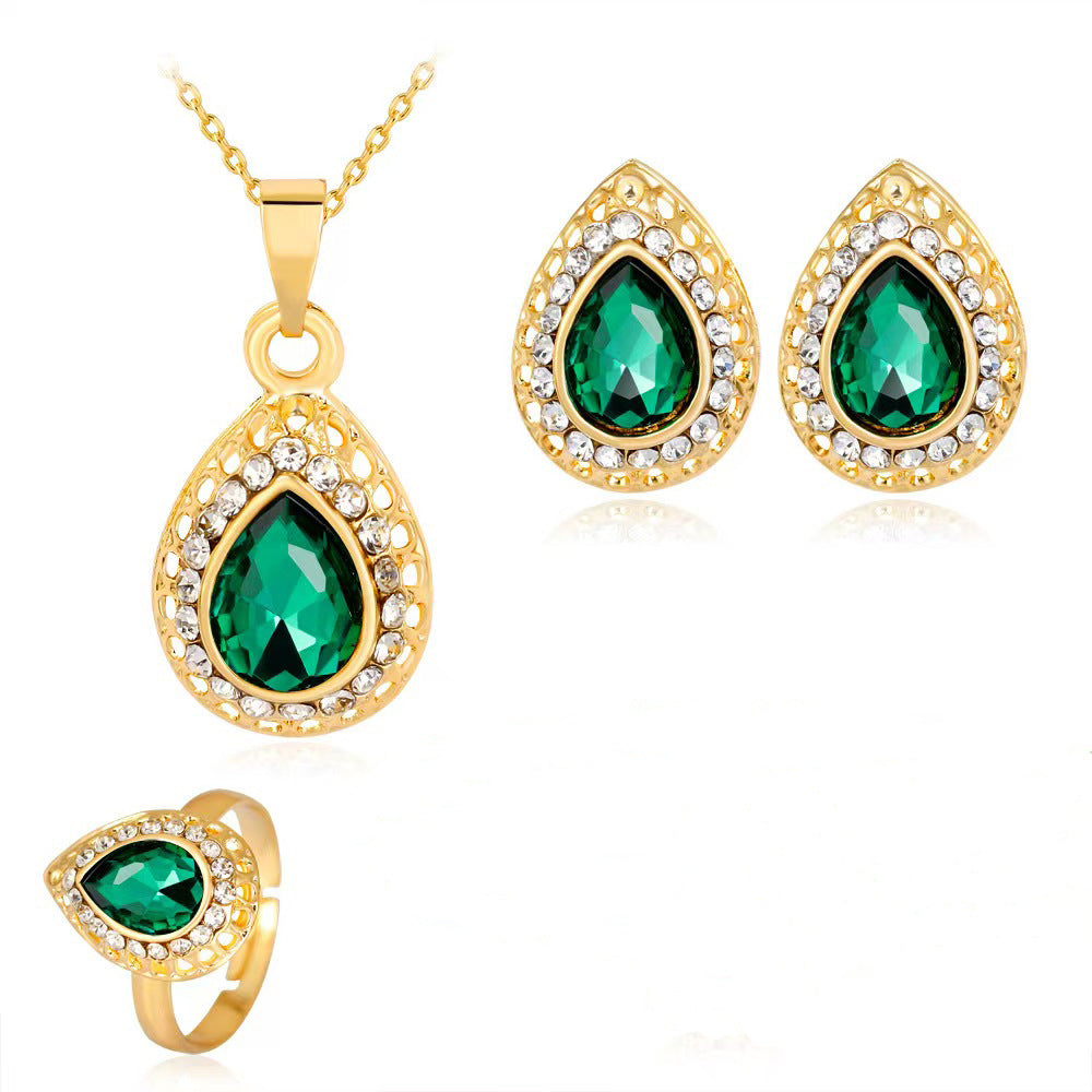 Exquisite Alloy Multi-Color Waterdrop Necklace And Earrings Jewelry Three-Piece Set