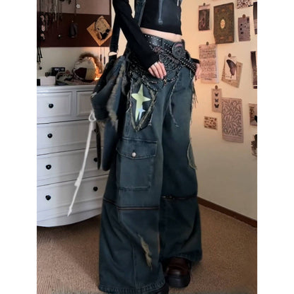 Street Wash Distressed Print Detachable Jeans Women Loose Slim Fit Draped Wide-leg Pants