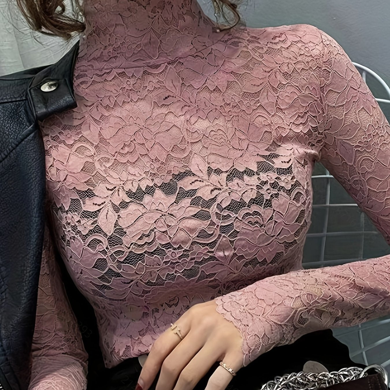 Slim Sexy Long Sleeve Lace Mock Neck Top - Women's Spring & Fall Clothing