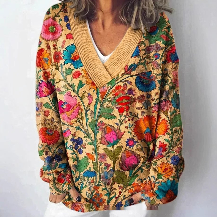 Floral Pattern Printed V-neck Long Sleeve Casual Sweatshirt