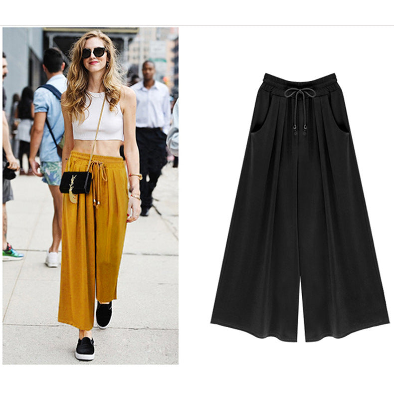 Women's Elastic Waist Tie Rope Wide Leg Pants