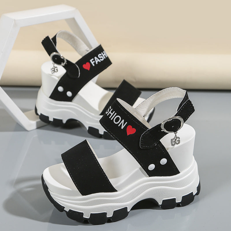 Women's Platform Wedge Sandals - Open Toe Ankle Strap Heels with Metal Buckle