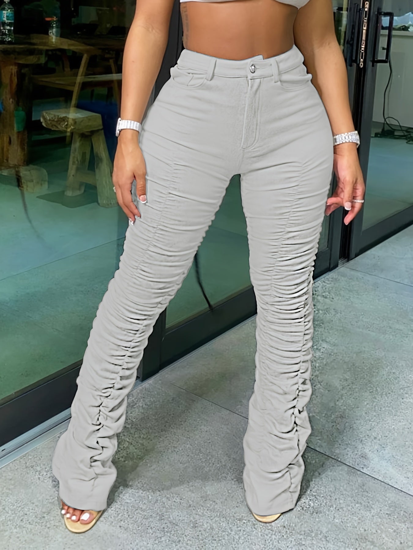 HY5159 Women's High-Waisted Stretchy Ruched Pants - Light Grey Casual Tapered Leggings with 95% Polyester 5% Elastane, Machine Washable All-Season Comfort