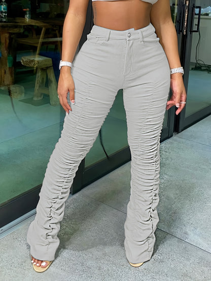 HY5159 Women's High-Waisted Stretchy Ruched Pants - Light Grey Casual Tapered Leggings with 95% Polyester 5% Elastane, Machine Washable All-Season Comfort