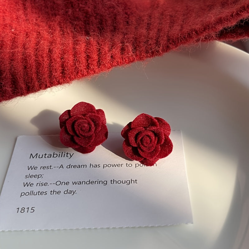Red Rose Flower Velvet Stud Earrings High-end Retro Ear Decoration Jewelry For Women