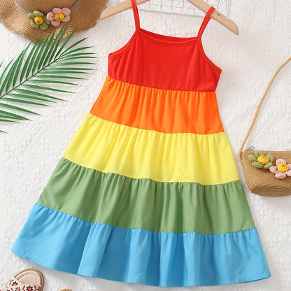 Girls' Spaghetti Strap Color-Blocked Rainbow Cake Dress - Perfect for Outdoor Occasions.