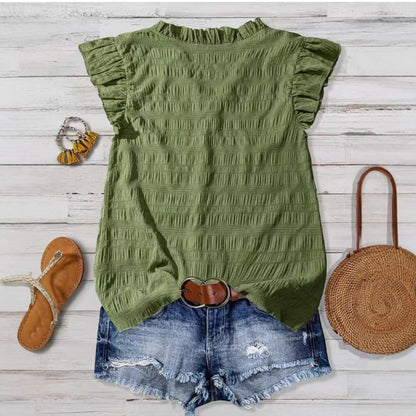 New Women's V-neck Ruffled Short-sleeve Blouse Loose-fit Figure-flattering Top With Lace Detailing