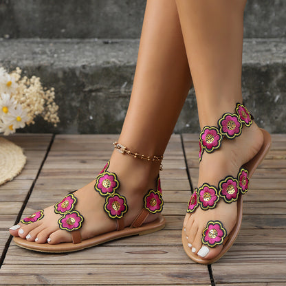 Bohemian Floral Flat Sandals for Women - Ethnic Summer Beach Shoes | Casual Vacation Footwear