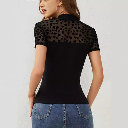 Mesh Top With Heart Patchwork Short Sleeves And A Small Stand-up Collar