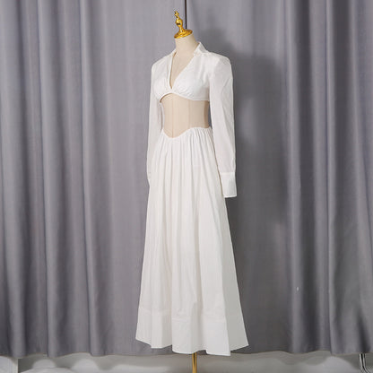 White Cutout Shirt Collar Two-Piece Set - Long Sleeve Crop Top & High-Waisted Maxi Skirt