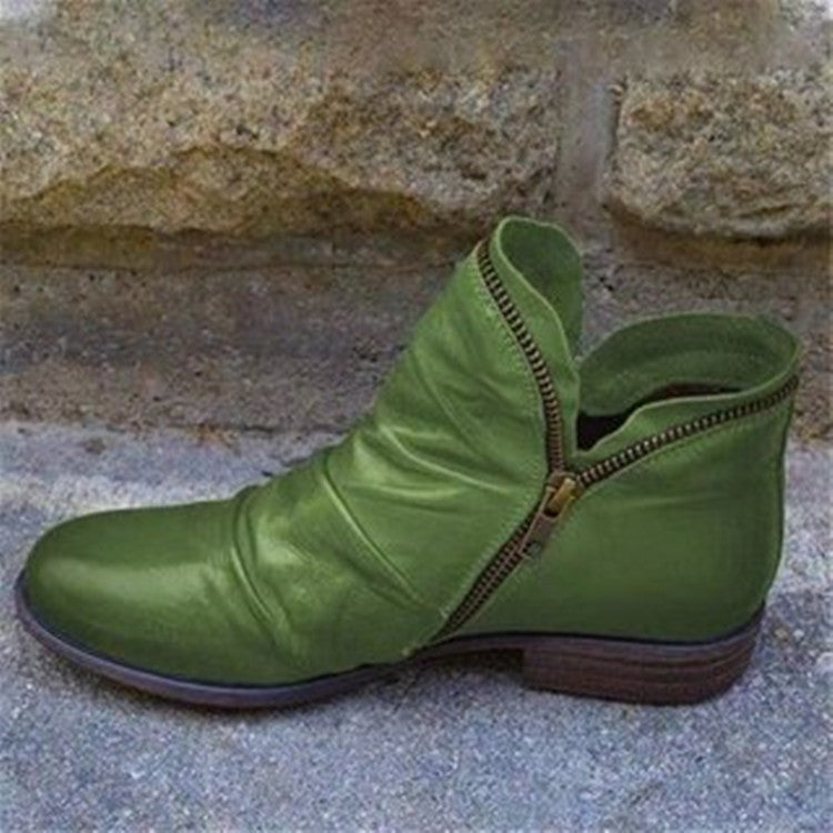 Round Toe Chunky Heel Double Zipper Ankle Boots