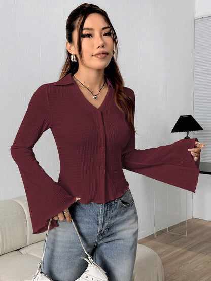 Shoulder Bell Sleeve Solid Color Long-sleeved Top