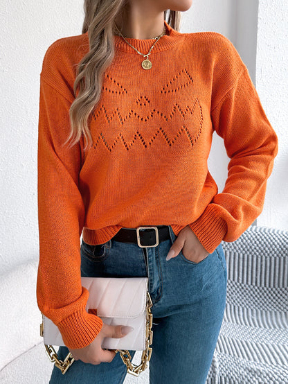 Women Solid Color Hollow Out Lantern Sleeve Pullover Sweater