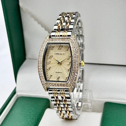 Diamond-encrusted Watch Barrel-shaped Dial Metal Bracelet Quartz Ladies' Watch