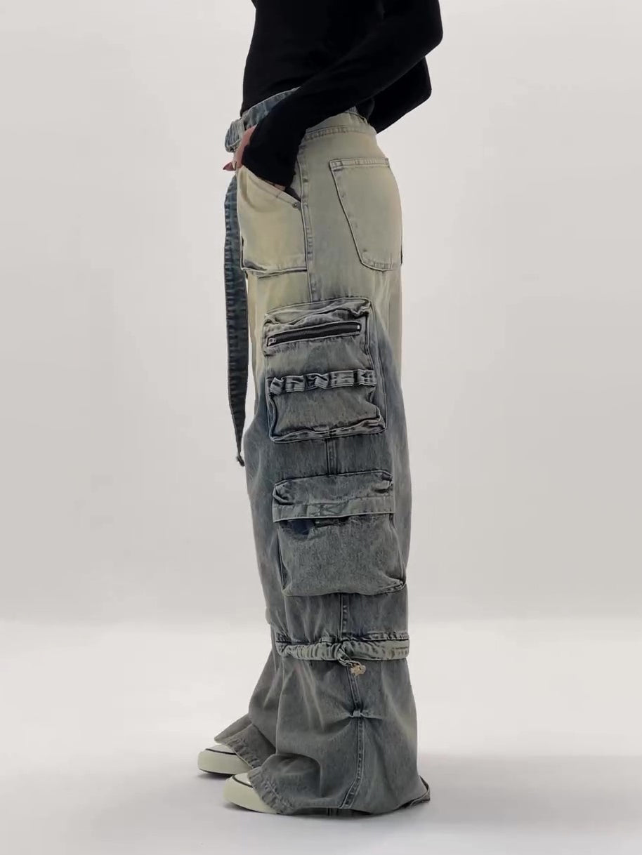 High - Waisted Ombre Cargo Jeans With Multiple Pockets