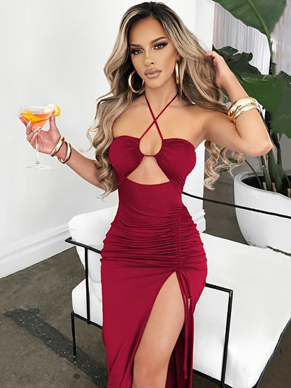 Solid Ruffled Split Off Shoulder Dress, Nightclub Sexy Bag Hip Drawstring Slim Dress, Women's Clothing