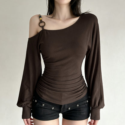Vintage Off-shoulder Beaded-strapped Lantern-sleeve T-shirt