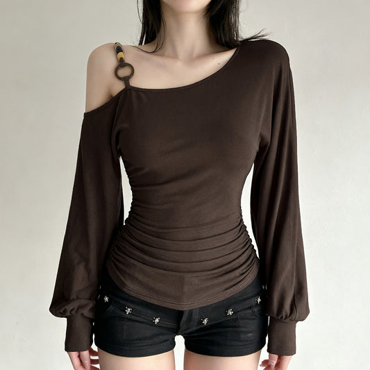 Vintage Off-shoulder Beaded-strapped Lantern-sleeve T-shirt