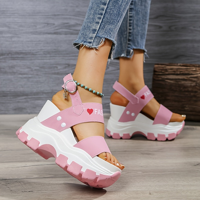 Women's Platform Wedge Sandals - Open Toe Ankle Strap Heels with Metal Buckle