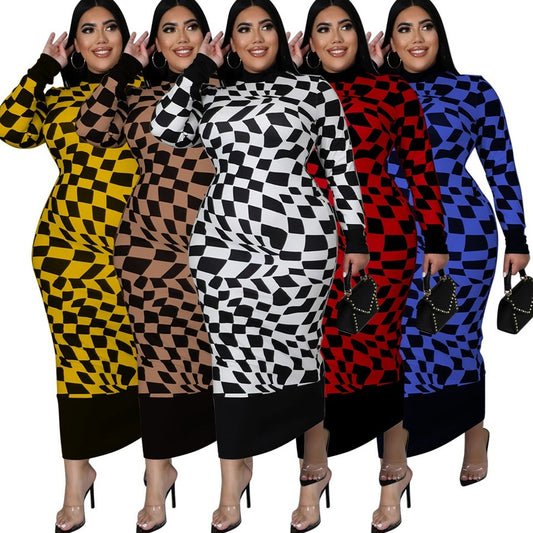 Women's Crew-Neck Plaid Printed Long-Sleeve Elegant Dress