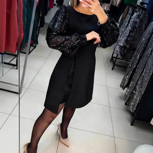 Women's Elegant Patchwork Sequin Puff Sleeve Short Dress