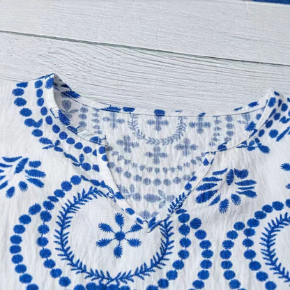 Women's Vintage-print Loose-fit V-neck Short-sleeve Blouse