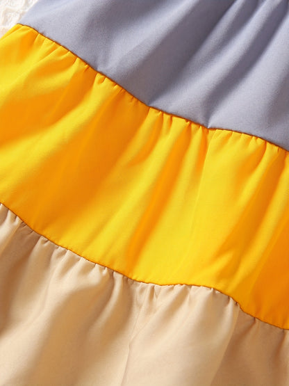 Girls' Spaghetti Strap Color-Blocked Rainbow Cake Dress - Perfect for Outdoor Occasions.