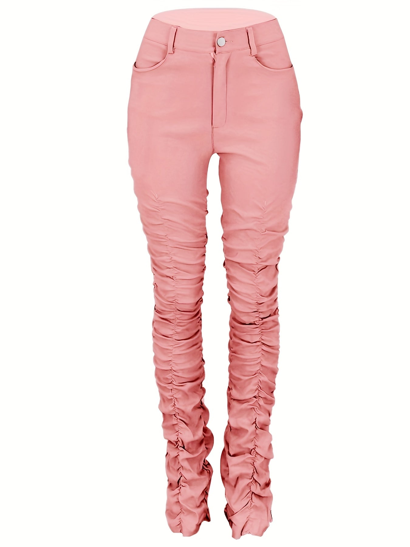 HY5159 Women's High-Waisted Stretchy Ruched Pants - Light Grey Casual Tapered Leggings with 95% Polyester 5% Elastane, Machine Washable All-Season Comfort