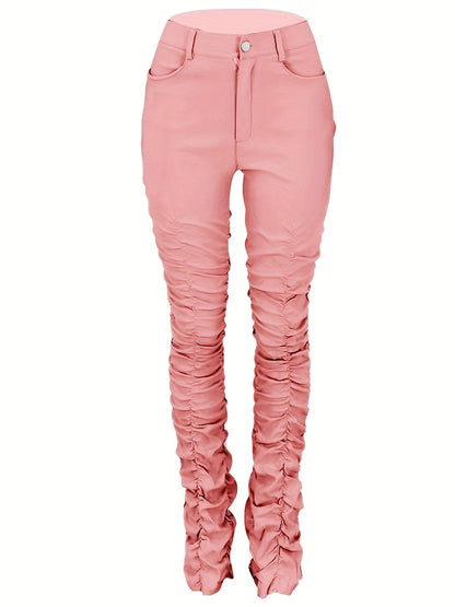 HY5159 Women's High-Waisted Stretchy Ruched Pants - Light Grey Casual Tapered Leggings with 95% Polyester 5% Elastane, Machine Washable All-Season Comfort