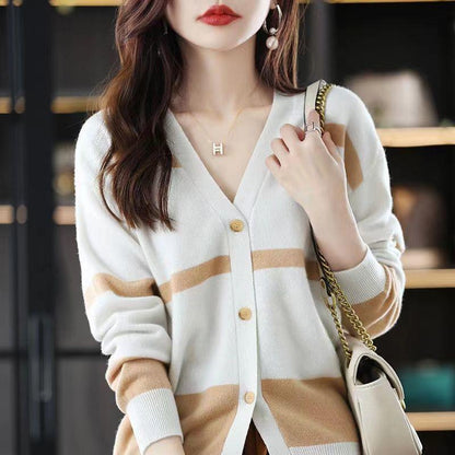 Fashion Striped Button Knitted Cardigan V-neck Women