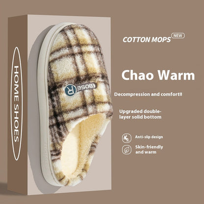 Women's Home Plush Warm Non-slip Plaid Cotton Shoes