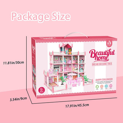 Pink Dollhouse for Girls - 11 Room DIY Pretend Play Toy House with Furniture